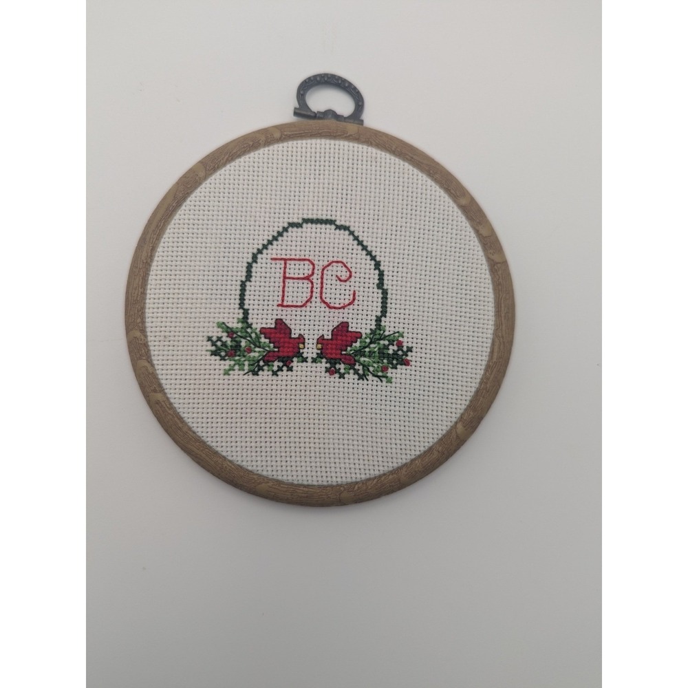 Handmade Cross Stitch Hoop‎ Art BC Monogram Wreath Holly Cardinal Christmas